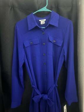 DKNY Women's Royal Blue Long Sleeve Button Front Collared Belted Shirtdress